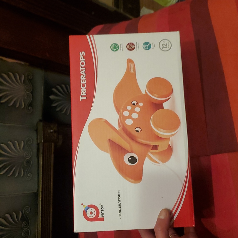 PINTOY BNIB Orange Wood Triceratops Pull-Along Wooden Toy